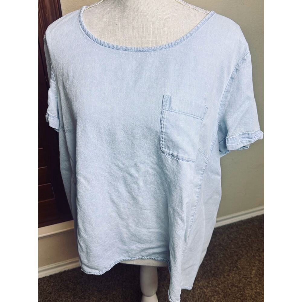 J. Jill Womens Denim Shirt sz XL Chambray Tencel Lyocell Short Sleeve Top